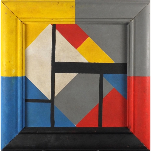 868 - Abstract composition, geometric shapes, oil on board, bearing a label verso, housed in a painted fra... 