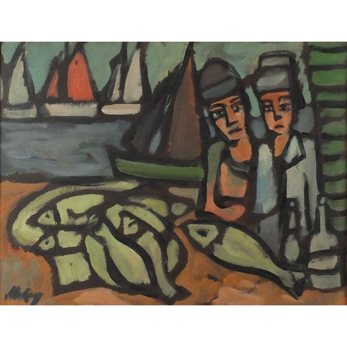 996 - Two figures before boats, Irish school oil on board, bearing a signature Markey, mounted and framed,... 