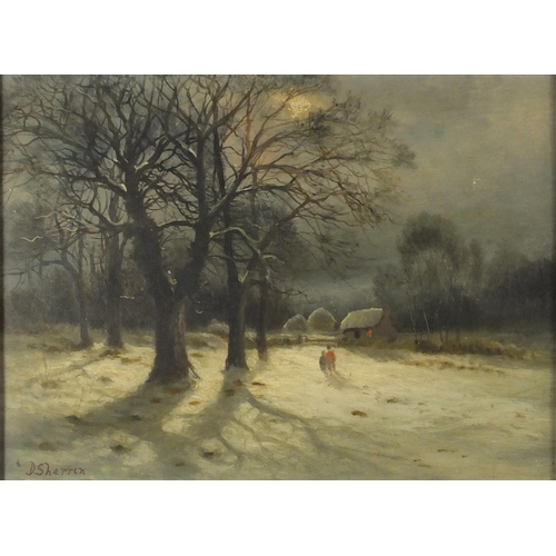 942 - D Sherrin - Two figures in a winter landscape, oil on board, label verso, mounted and framed, 38.5cm... 