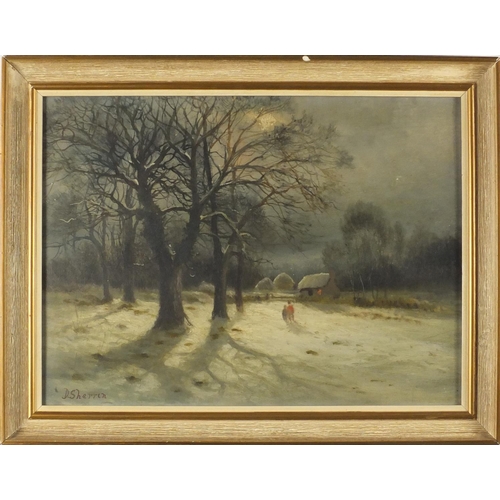 942 - D Sherrin - Two figures in a winter landscape, oil on board, label verso, mounted and framed, 38.5cm... 