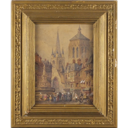 956 - Henry Schaefer - Figures before a cathedral, 19th century heightened watercolour on paper, framed, 2... 