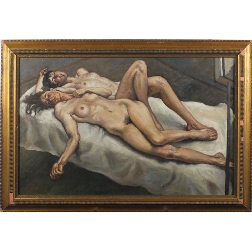905 - After Lucian Freud - Two nude figures laying on a bed, oil on canvas board, mounted and framed, 64.5... 