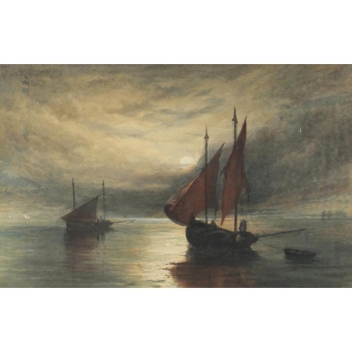 951 - Boats at moonlit calm sea, watercolour, bearing an indistinct signature, mounted and framed, 46cm x ... 