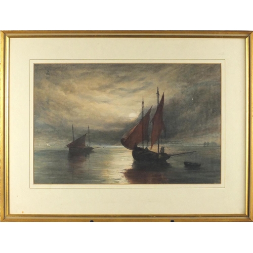 951 - Boats at moonlit calm sea, watercolour, bearing an indistinct signature, mounted and framed, 46cm x ... 