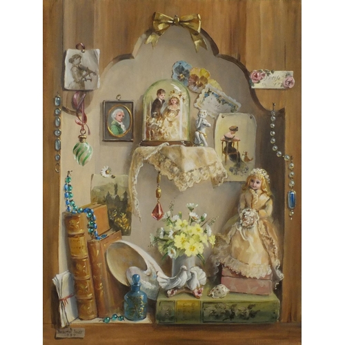 870 - Deborah Jones - Memories of a Happy Marriage, oil on canvas, printed label and The Whitgift Gallerie... 