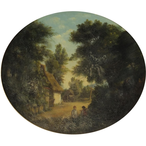 906 - Two figures before a cottage, antique oval oil, mounted and framed, 32cm x 27cm