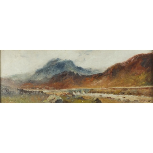 841 - Viaduct over water before mountains, English school oil, bearing a signature W M Frazer, mounted and... 