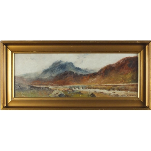 841 - Viaduct over water before mountains, English school oil, bearing a signature W M Frazer, mounted and... 