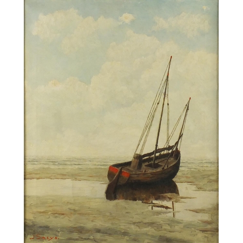 891 - Moored boat, continental school oil on canvas, bearing a signature J Saeys, framed, 49cm x 39cm