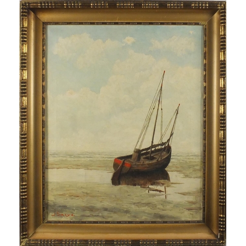 891 - Moored boat, continental school oil on canvas, bearing a signature J Saeys, framed, 49cm x 39cm