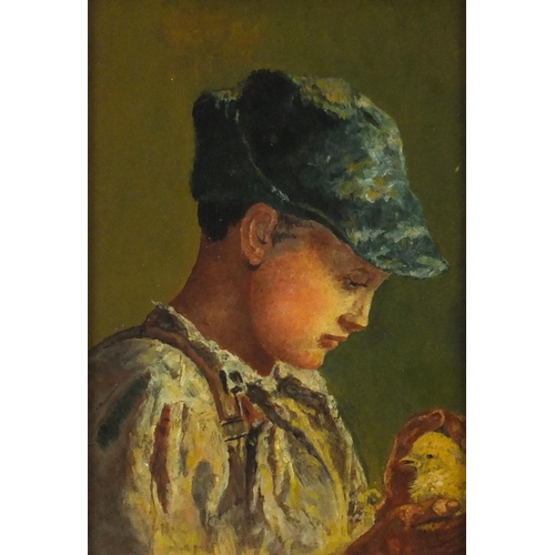 834 - Young boy holding a chick, 19th century oil on canvas, mounted and framed, 24cm x 16.5cm