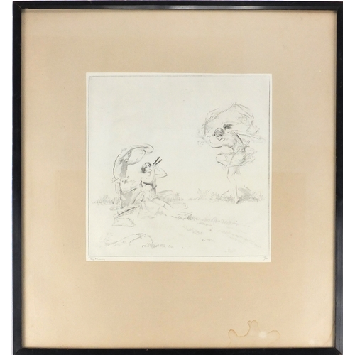 2210a - Troy Kinney - Three figures, pencil signed etching, 39/120, mounted and framed, 26.5cm x 26cm