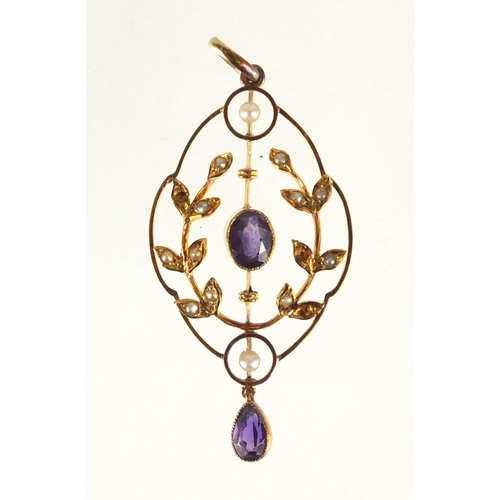 680 - Art Nouveau 15ct gold amethyst and seed pearl pendant, 4.5cm in length, approximate weight 3.7g