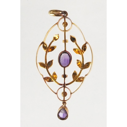 680 - Art Nouveau 15ct gold amethyst and seed pearl pendant, 4.5cm in length, approximate weight 3.7g