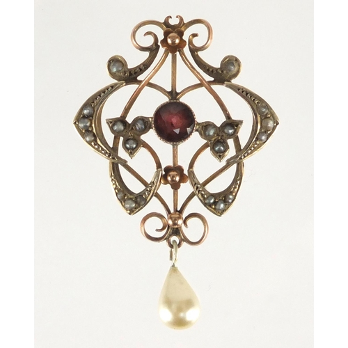 698 - Art Nouveau 9ct gold garnet and pearl pendant, 4.5cm in length, approximate weight 3.9g