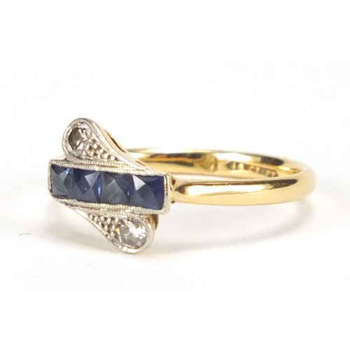 691 - Art Deco style 18ct gold sapphire and diamond ring, with platinum setting, size L, approximate weigh... 