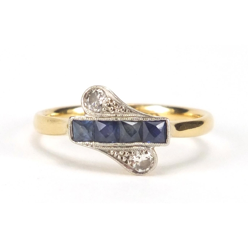 691 - Art Deco style 18ct gold sapphire and diamond ring, with platinum setting, size L, approximate weigh... 