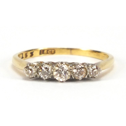 723 - 18ct gold diamond five stone ring, size O, approximate weight 2.5g