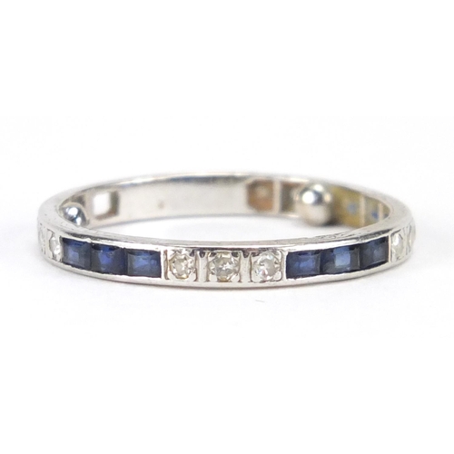 675 - Unmarked platinum sapphire and diamond eternity ring, size M, approximate weight 2.7g