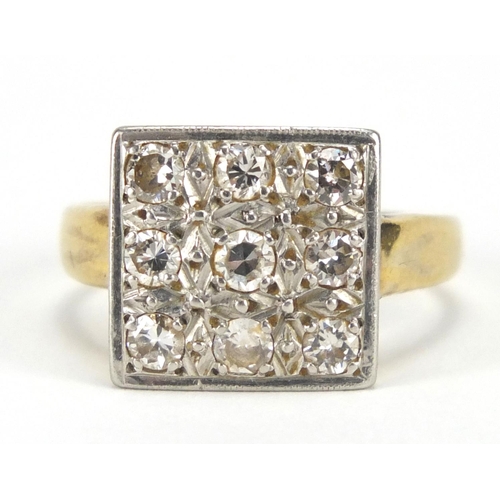 671 - 18ct gold and platinum diamond square cluster ring, size O, approximate weight 5.7g, housed in a Cha... 