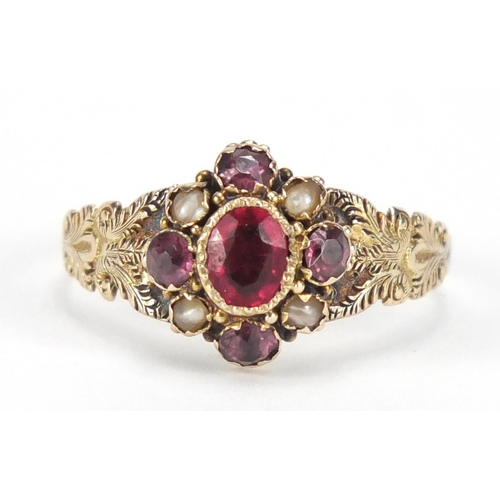 741 - Victorian 9ct gold pink stone and seed pearl ring, the shoulders engraved with leaves, Birmingham 18... 