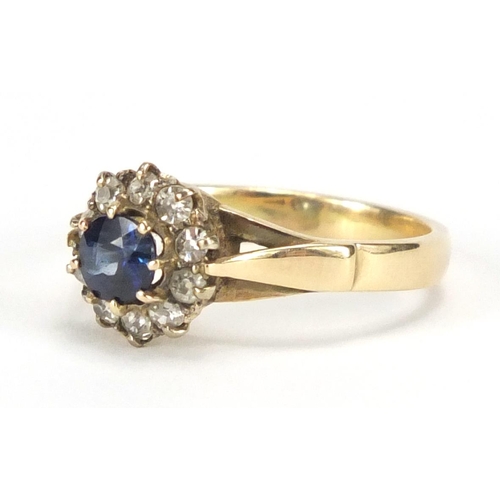 720 - Unmarked gold sapphire and diamond ring, size M, approximate weight 3.1g
