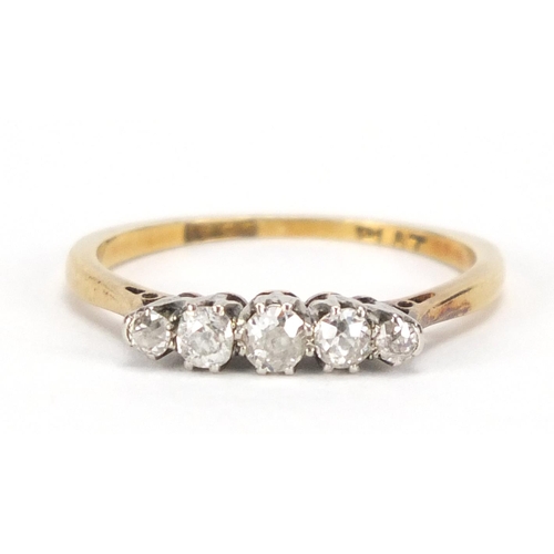 725 - 18ct gold and platinum diamond five stone ring, size N, approximate weight 2.1g