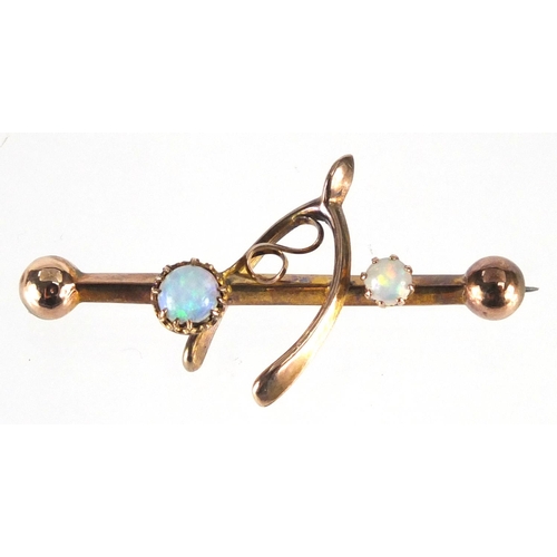 706 - 9ct gold opal and pearl  wishbone bar brooch, marked W. Bros, 4cm wide, approximate weight 1.7g