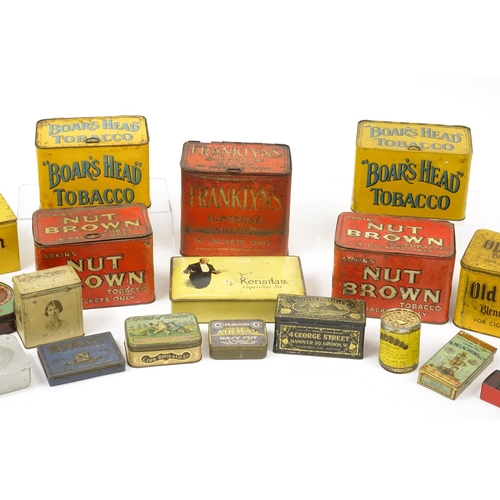 97 - Vintage advertising tins and an Old Holborn sign including Nut Brown, Franklyn's, Bond of Union, H L... 