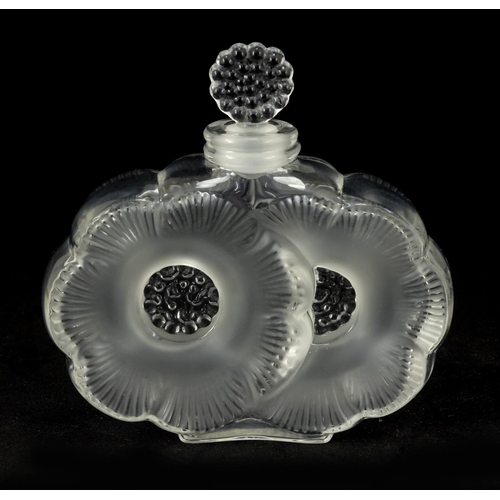 487 - Lalique frosted and clear glass Flacon 2 Fleurs scent bottle with box, etched Lalique France to the ... 