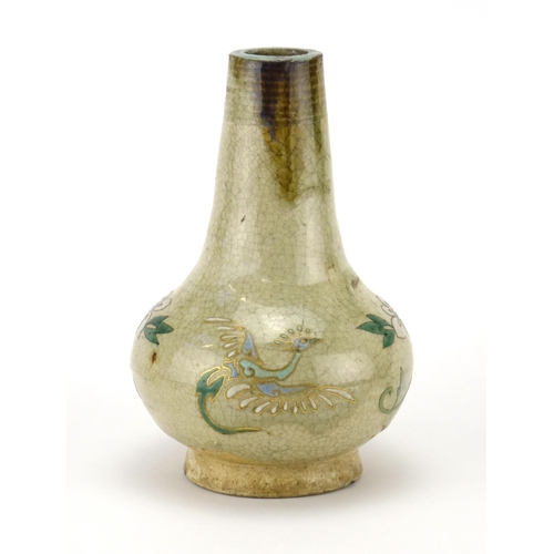 311 - Oriental stoneware vase hand enamelled with two birds amongst flowers, 19.5cm high