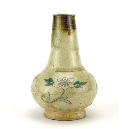 311 - Oriental stoneware vase hand enamelled with two birds amongst flowers, 19.5cm high