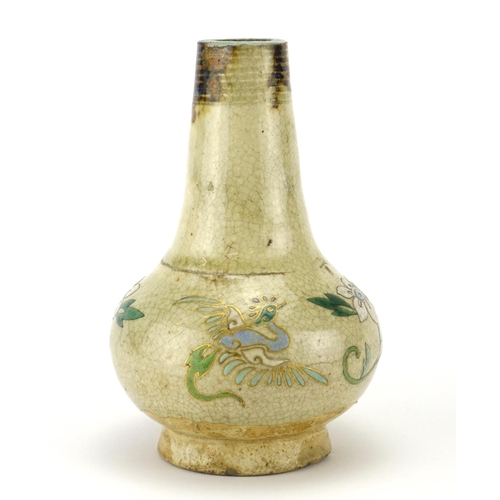 311 - Oriental stoneware vase hand enamelled with two birds amongst flowers, 19.5cm high