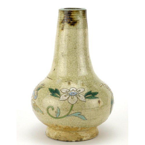 311 - Oriental stoneware vase hand enamelled with two birds amongst flowers, 19.5cm high