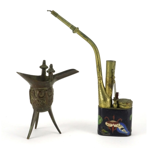 331 - Chinese patinated bronze tripod wine cup and a cloisonné opium pipe, the largest 26.5cm high