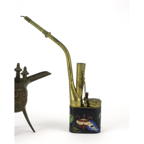 331 - Chinese patinated bronze tripod wine cup and a cloisonné opium pipe, the largest 26.5cm high