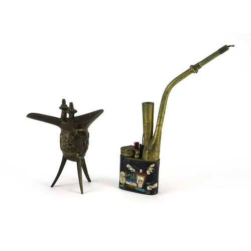 331 - Chinese patinated bronze tripod wine cup and a cloisonné opium pipe, the largest 26.5cm high