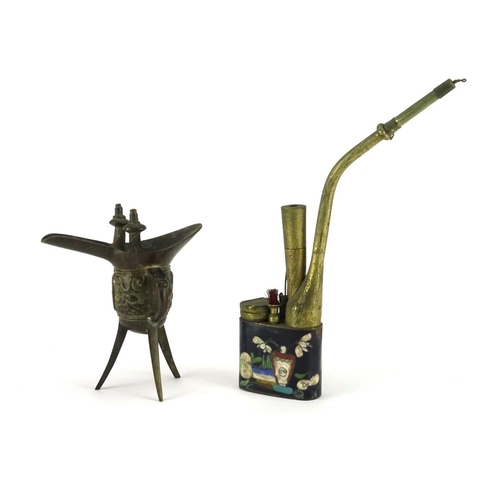 331 - Chinese patinated bronze tripod wine cup and a cloisonné opium pipe, the largest 26.5cm high