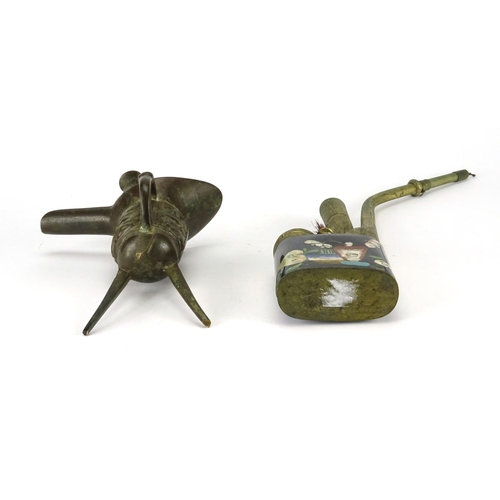 331 - Chinese patinated bronze tripod wine cup and a cloisonné opium pipe, the largest 26.5cm high