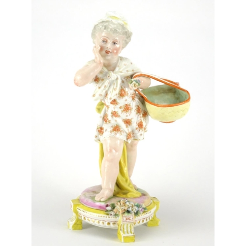 435 - 19th century continental porcelain figure of a young girl holding a basket, factory marks to the bas... 
