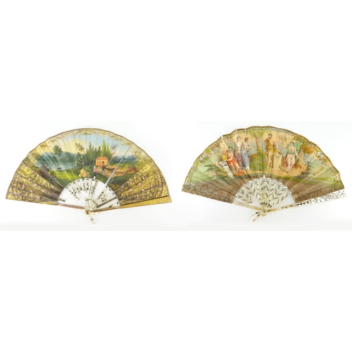 62 - Two 19th century fans with mother of pearl sticks, having silver inlay, each hand painted with figur... 