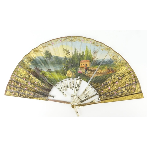 62 - Two 19th century fans with mother of pearl sticks, having silver inlay, each hand painted with figur... 