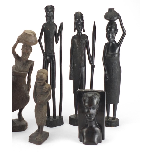 533 - African carved wood figures and busts including ebony, the largest 37cm high