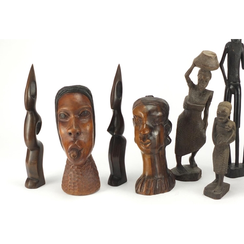 533 - African carved wood figures and busts including ebony, the largest 37cm high