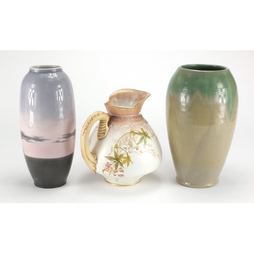 357 - Upchurch pottery vase, Doulton Burslem jug and a Heu Bach vase