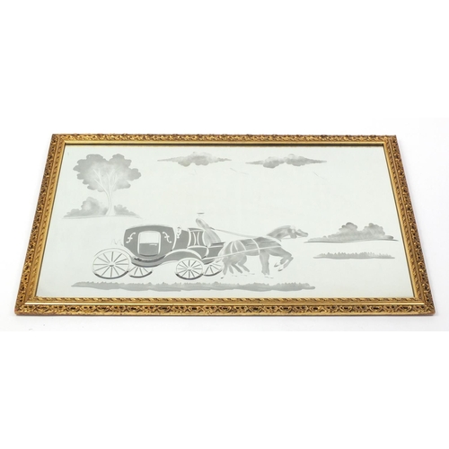 25 - Rectangular wall hanging mirror etched with horse and cart, gilt framed, 89cm x 58cm