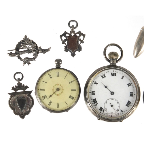 806 - Silver jewellery comprising three open face pocket watches, four sports jewels, Victorian brooch and... 
