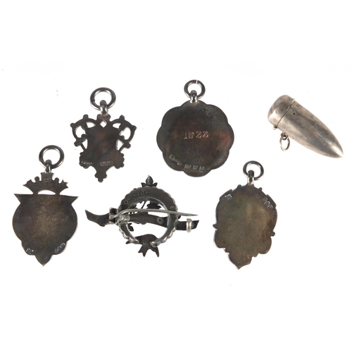 806 - Silver jewellery comprising three open face pocket watches, four sports jewels, Victorian brooch and... 