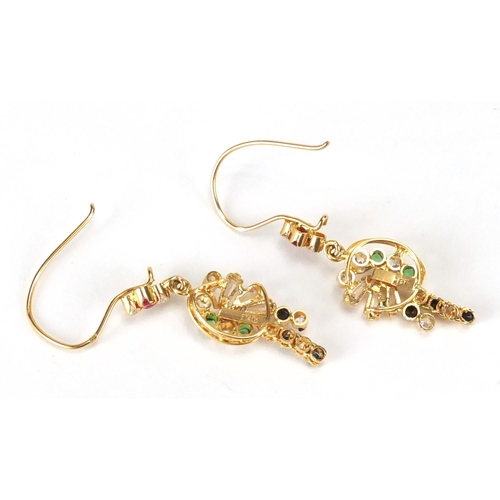 688 - Pair of continental 18ct gold drop earrings set with colourful stones, 4.5cm in length, approximate ... 