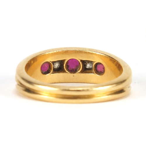 645 - 18ct gold ruby and diamond five stone ring, J G, Chester 1909, size Q, approximate weight 7.4g